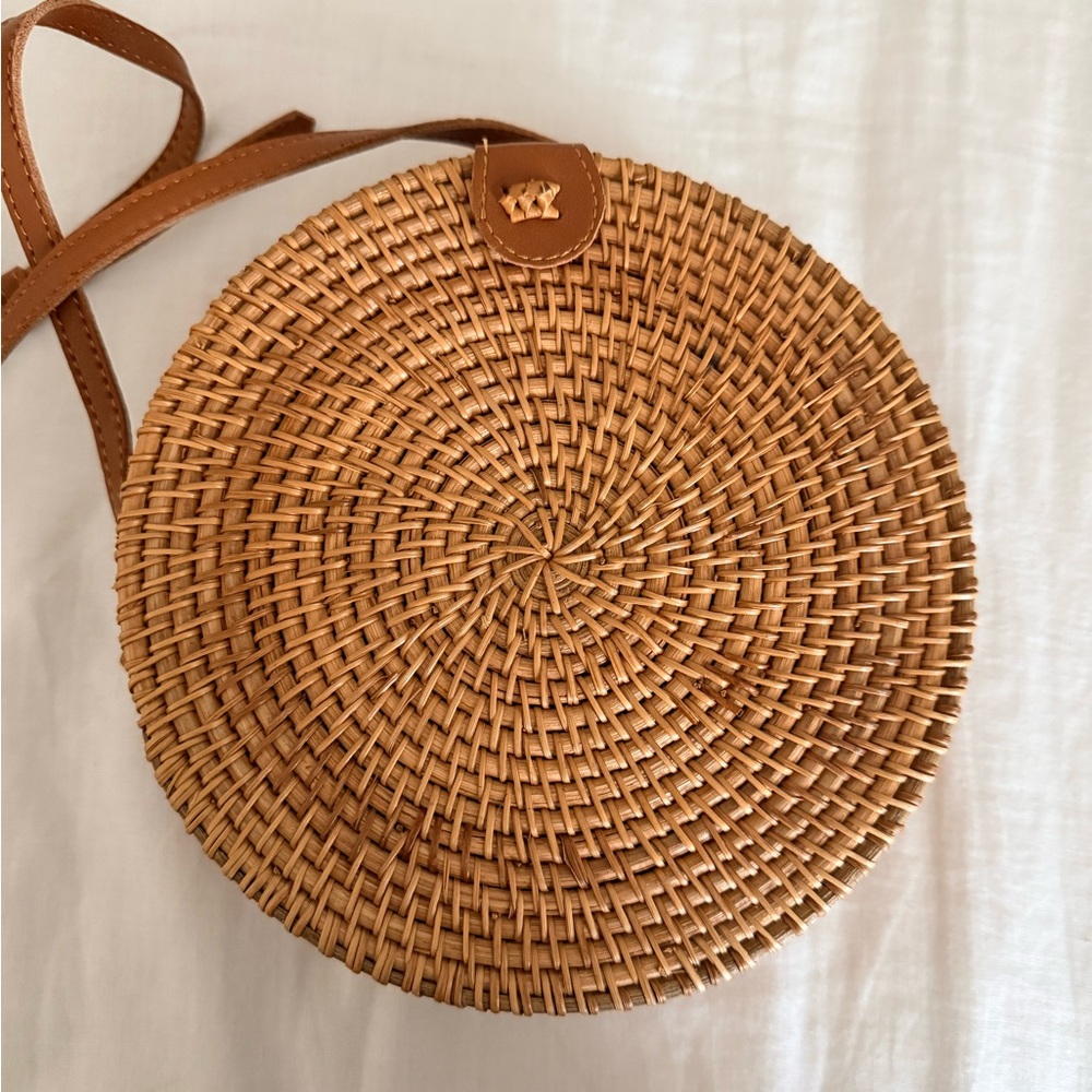 Round Woven Tan Crossbody Bag